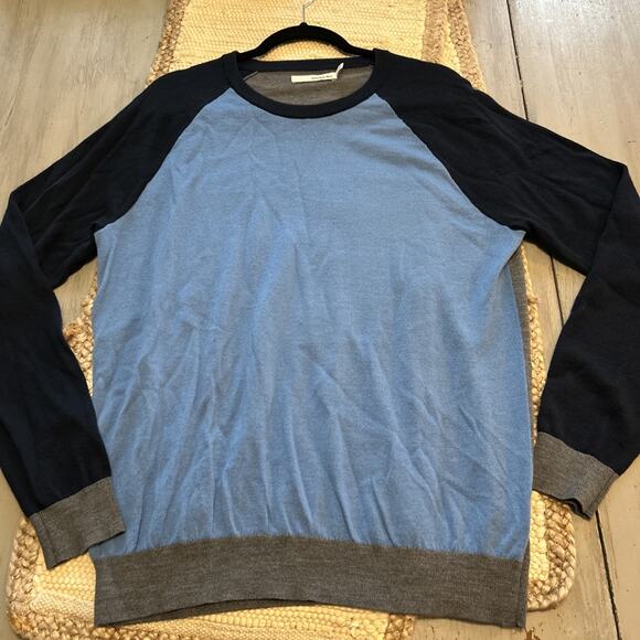 Hawker Rye Blue Gray Colorblock Merino Wool Blend Sweater Sz L Crewneck - Picture 1 of 8